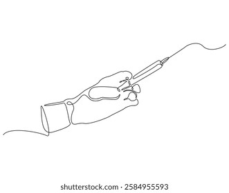 Continuous line drawing of hand holding syringe for vaccine. Single line illustration of medical syringe hold by hand. Healthcare and medical concept. Editable outline