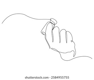 Continuous line drawing of hand holding vial bottle. Single line illustration of vial hold by hand. Virus protection concept. Editable outline