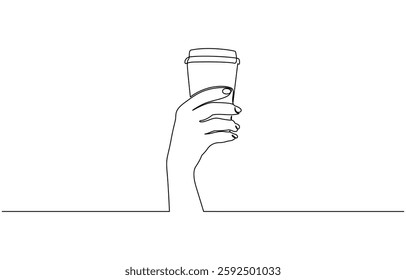 Continuous line drawing of a hand holding a coffee bottle, Coffee take away one line continuous. Coffee in hand line art. Hand drawn vector art.