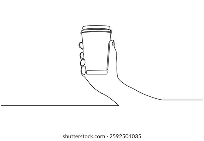 Continuous line drawing of a hand holding a coffee bottle, Coffee take away one line continuous. Coffee in hand line art. Hand drawn vector art.