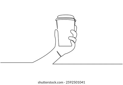 Continuous line drawing of a hand holding a coffee bottle, Coffee take away one line continuous. Coffee in hand line art. Hand drawn vector art.