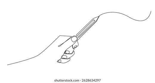 continuous line drawing of hand holding pencil.concept of education,back to school,drawn in one line vector