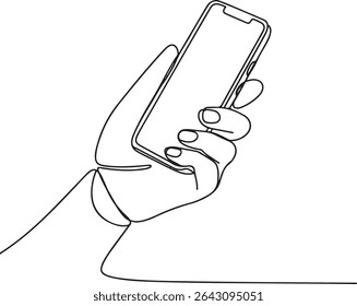 Continuous line drawing of a hand holding a smartphone at an angle in minimalist black and white style

