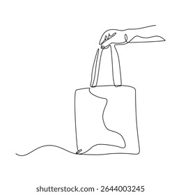 Desenho de linha contínua de mão segurando sacos de compras de papel. Ilustração vetorial esboço arte editável traço do consumidor grande venda do comprador conceito de consumismo