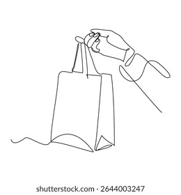 Continuous line drawing of hand holding paper shopping bags. Vector illustration sketch art editable stroke of shopper big sale consumerism concept