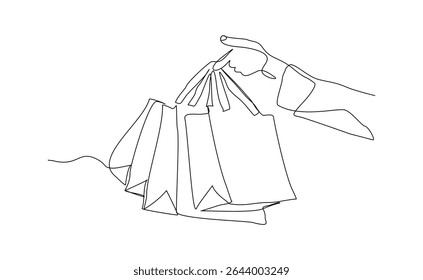 Desenho de linha contínua de mão segurando sacos de compras de papel. Ilustração vetorial esboço arte editável traço do consumidor grande venda do comprador conceito de consumismo