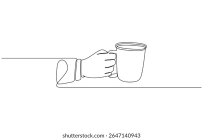 Continuous line drawing of a hand holding a coffee bottle, Coffee take away one line continuous. Simple and elegant continuous line art, perfect for tranquil and cozy themes. Editable stroke