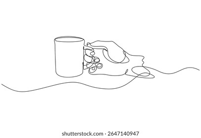 Continuous line drawing of a hand holding a coffee bottle, Coffee take away one line continuous. Simple and elegant continuous line art, perfect for tranquil and cozy themes. Editable stroke