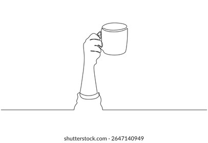 Continuous line drawing of a hand holding a coffee bottle, Coffee take away one line continuous. Simple and elegant continuous line art, perfect for tranquil and cozy themes. Editable stroke