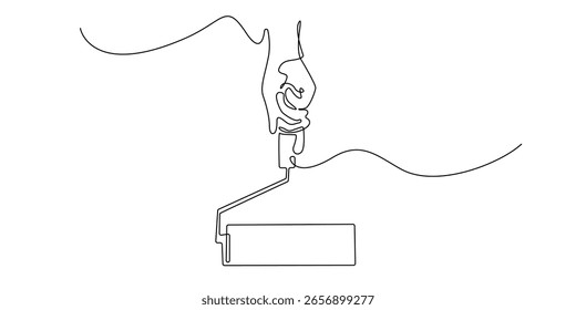 Continuous line drawing of a hand holding a paint roller. Minimalist illustration symbolizing painting work, renovation, home improvement, and creative wall design.
