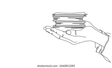 Dibujo de línea continuo de la pila de mano del concepto de papel o dinero