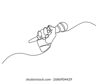 Desenho de linha contínua do microfone de mão. Ilustração de linha única de homem com microfone. Repórter, conceito de mídia. Estrutura de tópicos editável