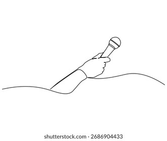Desenho de linha contínua do microfone de mão. Ilustração de linha única de homem com microfone. Repórter, conceito de mídia. Estrutura de tópicos editável
