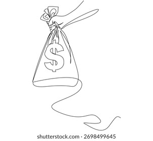 Continuous line drawing of a hand holding money bag. Single line illustration of  a hand holding money bag, Illustration, Business Concept. Editable outline.