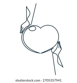 Línea continua que dibuja la mano que sostiene el amor del corazón