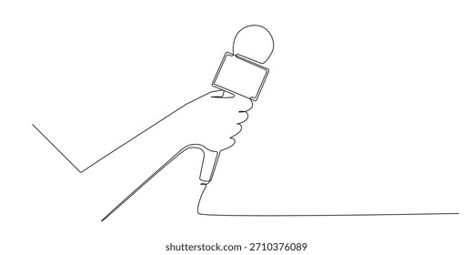 Continuous line drawing of a hand holding a news microphone.
One line illustration symbolizing journalism, broadcasting, interviewing, live reporting, press coverage, and media communication.