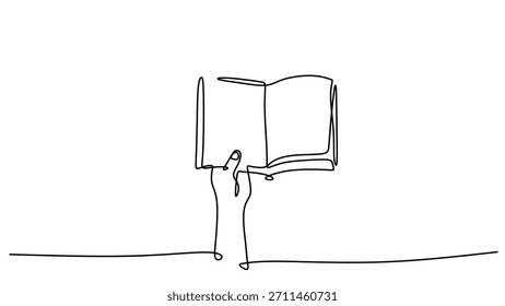 Kontinuierliche Linienzeichnung einer Hand mit einem Buch, Ein Konzept für Bildung und Lernen für den Internationalen Tag der Alphabetisierung.