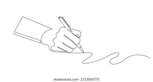 Continuous line drawing of a hand holding a pen writing on paper.symbolizing creativity focus and personal expression. Minimalist single line illustration for education art and office themes.