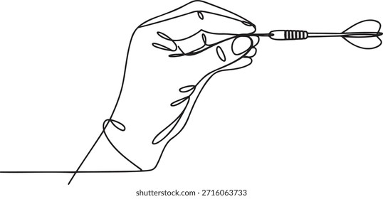 Kontinuierliche Linienzeichnung der Hand, die einen Pfeil hält, der für die Zielübung positioniert ist. Repräsentation von Fokus, Präzision und dem Ziel, Erfolg in Spielen oder Geschäftsstrategie. Dart-Spiel läuft.