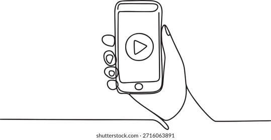 Continuous line drawing of hand holding a smartphone displaying a play button. Representing digital media consumption, video streaming, mobile entertainment, and online content viewing.