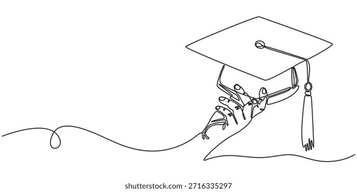 Dibujo de línea continuo de la tapa de graduación de mano. Terminar la educación. Ilustración lineal de Vector, concepto de Educación. Ilustración gráfica de Vector de diseño de línea única