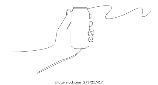 Kontinuierliche Linie zeichnen Hand halten Getränkedose.Symbol Erfrischung, zwanglosen Lebensstil und modernen Konsum. Einzeilige Illustration, geeignet für Getränke, Branding und Werbethemen.