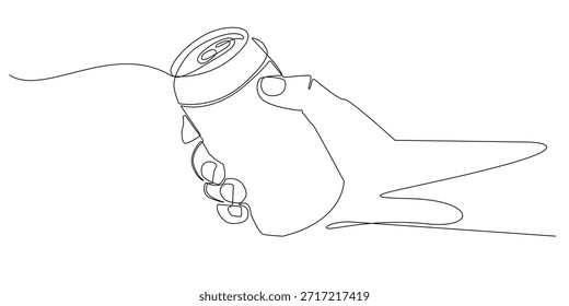 Kontinuierliche Linie zeichnen Hand halten Getränkedose.Symbol Erfrischung, zwanglosen Lebensstil und modernen Konsum. Einzeilige Illustration, geeignet für Getränke, Branding und Werbethemen.