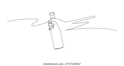 Durchgehende Linienzeichnung einer Hand, die eine Getränkeflasche hält, symbolisiert Hydratation, gesunden Lebensstil und tägliche Erfrischung. Einzeilige Illustration, geeignet für Getränke, Wellness und Branding-Themen.