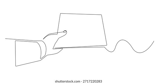 Dibujo de línea continuo de una mano sosteniendo un documento en papel. Simbolizando información, administración y comunicación profesional. Ilustración de una sola línea adecuada para negocios, oficina y temas legales.