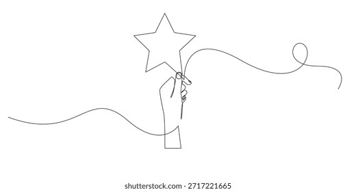 Dibujo de línea continuo de una mano que sostiene una estrella, que simboliza el logro, el éxito, la apreciación y la excelencia. Ilustración de una sola línea adecuada para temas de premio, motivación y reconocimiento.