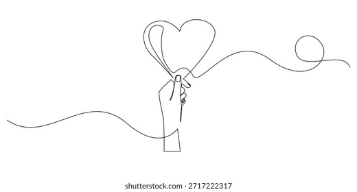 Continuous line drawing of a hand holding a heart, symbolizing love, care, compassion, and emotional support. Single line illustration suitable for charity, empathy, and relationship themes.