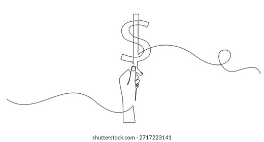 Desenho de linha contínuo de uma mão segurando um ícone de dólar, simbolizando finanças, renda, poupança e apoio financeiro. Ilustração de linha única adequada para os conceitos de negócios, economia e dinheiro.