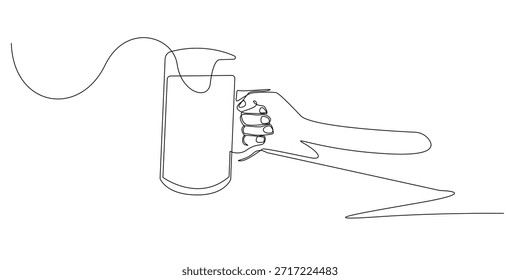 Durchgehende Linienzeichnung einer Hand, die ein Bierglas hält und Entspannung, Feiern und soziale Momente symbolisiert. Einzeilige Illustration geeignet für Barkultur, Getränkethemen und Lifestyle-Design.