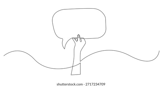 Continuous line drawing of a hand holding a chat balloon, symbolizing communication, messaging, and digital conversation. Single line illustration suitable for social media, technology, and interaction themes.