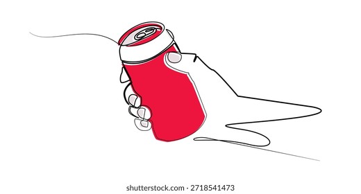 Linha contínua desenho mão segurando bebida can.simbolizing refreshment, estilo de vida casual, e consumo moderno. Ilustração de linha única adequada para temas de bebida, marca e publicidade.