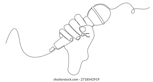 Desenho de linha contínua de uma mão segurando um microfone, simbolizando canto, performance musical, expressão vocal e entretenimento ao vivo. Ilustração de linha única.