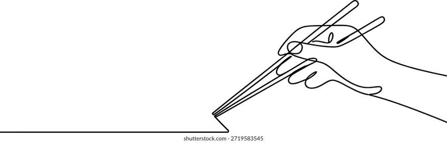 Continuous line drawing of a hand holding chopsticks ready to pick up food Vector, illustration