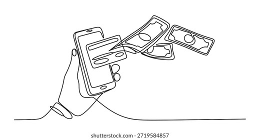 Desenho de linha contínua de uma mão segurando um smartphone com dinheiro e cartão de crédito fluindo para fora, simbolizando pagamento móvel e fintech Vetor, ilustração