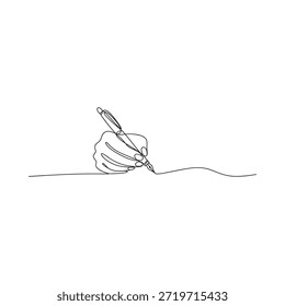 Un dibujo de línea continua de una mano sosteniendo un bolígrafo creando un guion fluido