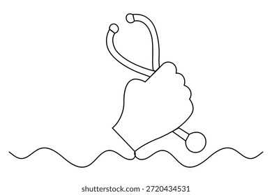 Desenho de linha contínua de uma mão segurando um estetoscópio sobre fundo branco