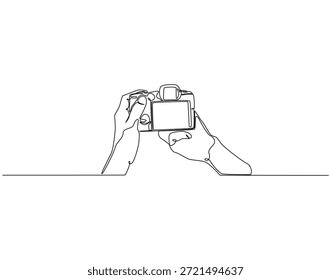 Dibujo de línea continuo de la cámara de mano. Ilustración de una sola línea de la cámara de mano. Fotografía, concepto de periodista. Esquema editable
