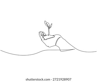 Continuous line drawing of hand holding growing sprout. Single line illustration of human seedling. Nature eco friendly concept. Editable outline
