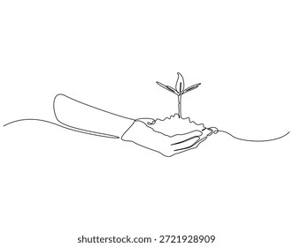 Dibujo continuo de la línea de la mano que sostiene el brote creciente. Ilustración de una sola línea de plántulas humanas. Naturaleza concepto respetuoso del medio ambiente. Esquema editable
