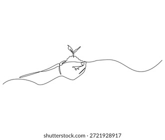 Dibujo continuo de la línea de la mano que sostiene el brote creciente. Ilustración de una sola línea de plántulas humanas. Naturaleza concepto respetuoso del medio ambiente. Esquema editable
