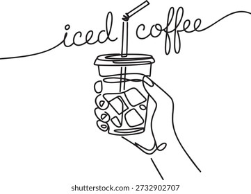 Durchgehende Linienzeichnung einer Hand, die eine eiskalte Kaffeetasse mit Stroh hält, und eine eiskalte Kaffeeschrift. Einfache Linienkunst mit transparentem Hintergrund. Vektorgrafik eines erfrischenden Getränks. Konzept Kunst für Getränke und Koffein.