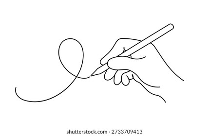 Continuous line drawing of hand holding pencil creating simple elegant minimalist illustration