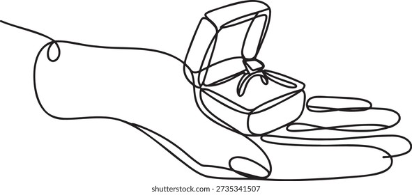 Continuous line drawing hand holding open ring box showing engagement diamond ring minimalist outline vector illustration romantic proposal symbol one line style art isolated on transparent background wedding ring box illustration single line style drawing jewelry hand present artwork simple graphic design for marriage celebration or valentine holiday concept