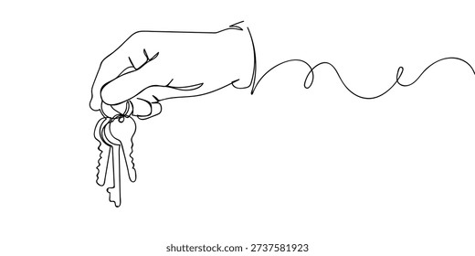 Continuous line drawing of a hand holding a set of keys. single line vector illustration 