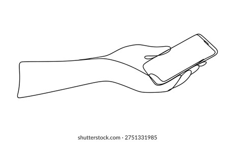 continuous line drawing of hand holding smartphone mobile device minimal outline illustration for technology communication concept