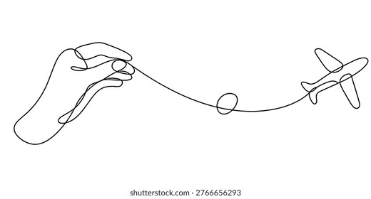 Continuous line drawing of a hand holding an airplane by a string on white background. Vector, illustration